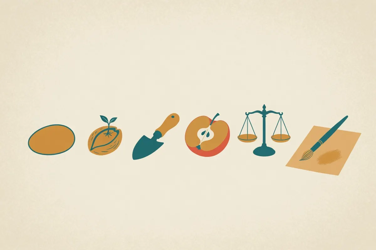 Six objects in a row: a pebble, a seed, a tool, a cut fruit, a scale, a brush.