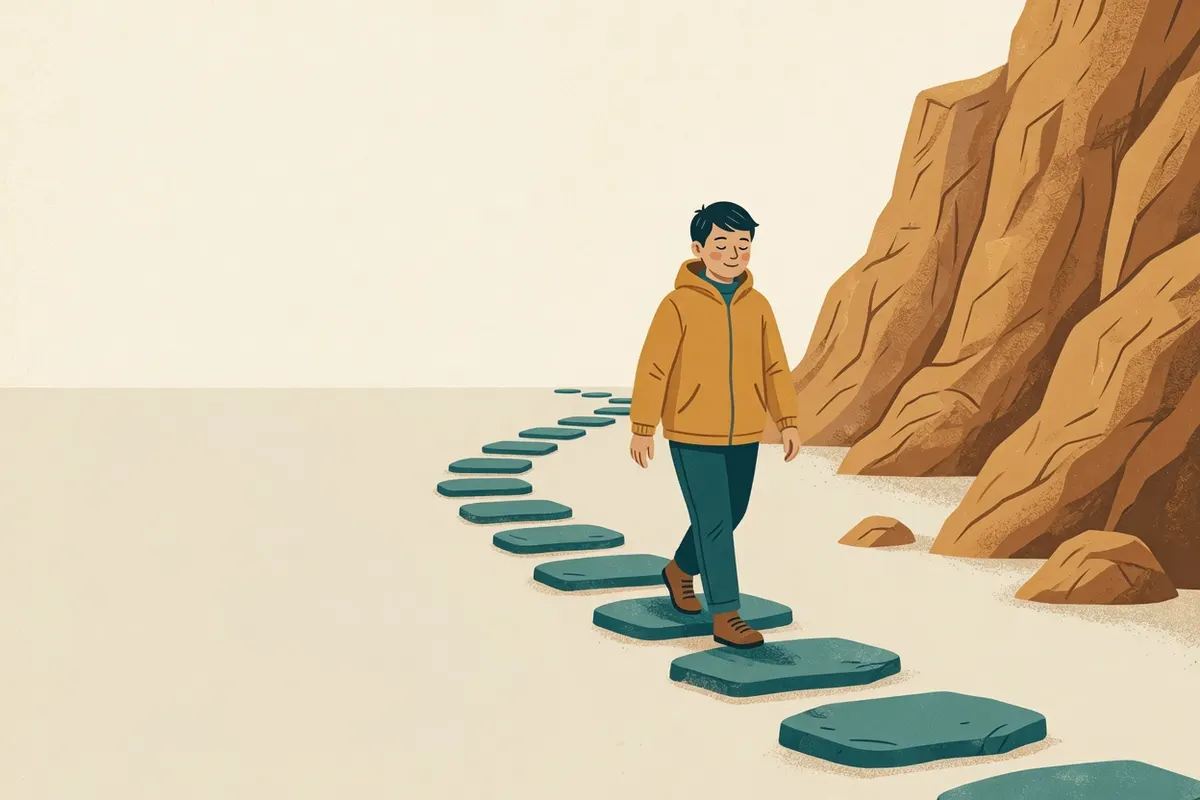 A person walking teal stepping stones between an empty field and a cliff.