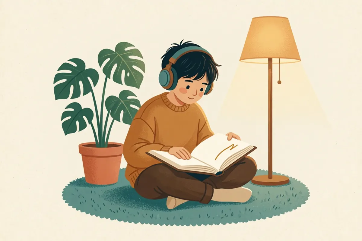 A person reading with headphones on a teal rug.
